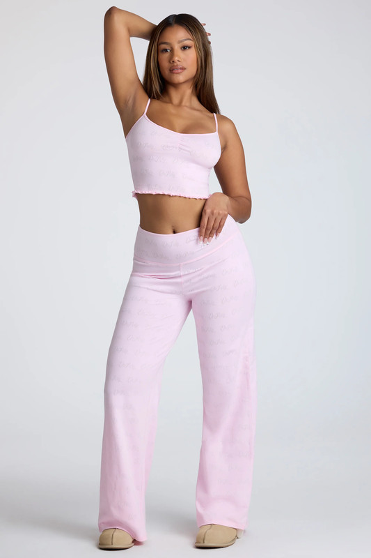 Petite Mid Rise Straight Leg Pointelle Trousers in Baby Pink - Size:M